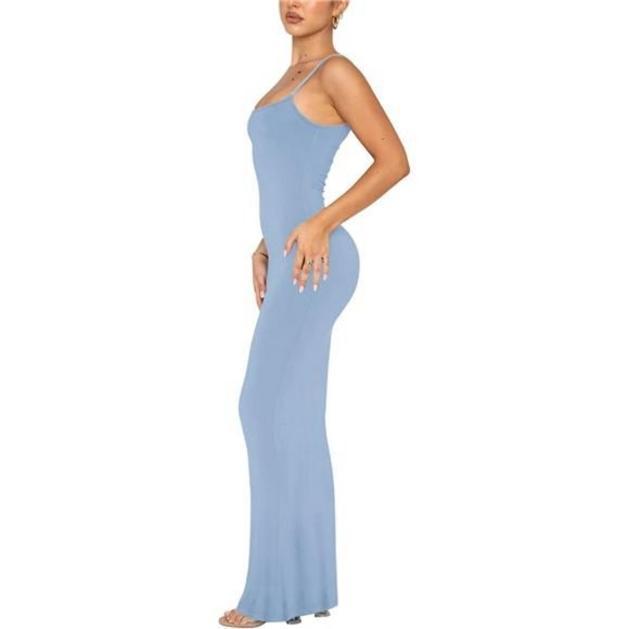 Women's Lounge Slip Long Dress Sleeveless Backless Ribbed Bodycon Maxi Dresses - Picture 3 of 5